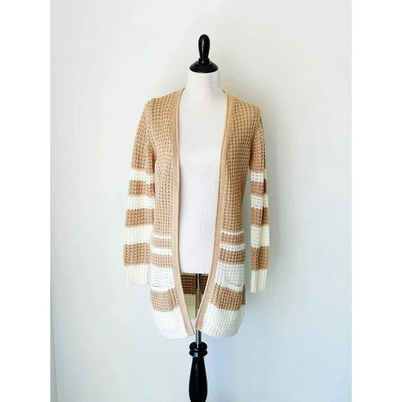 Poof Excellence Sweaters - Striped Long Cardigan with Pockets Tan and Cream Size S